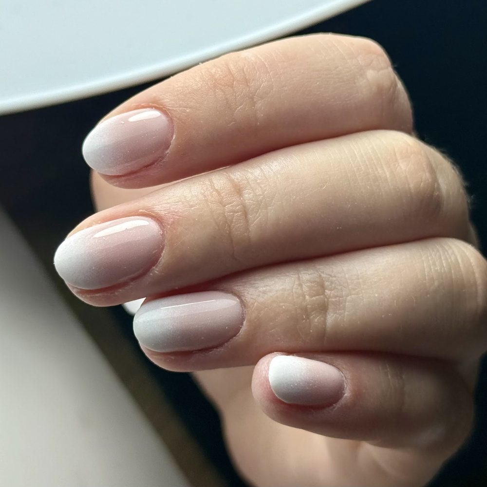 Korte nagels met een babyboom-verloop van wit naar nude